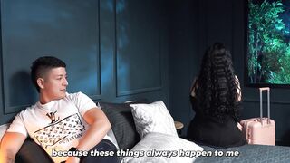 Big-assed stepmother shares bed after a mistake upon arrival from trip